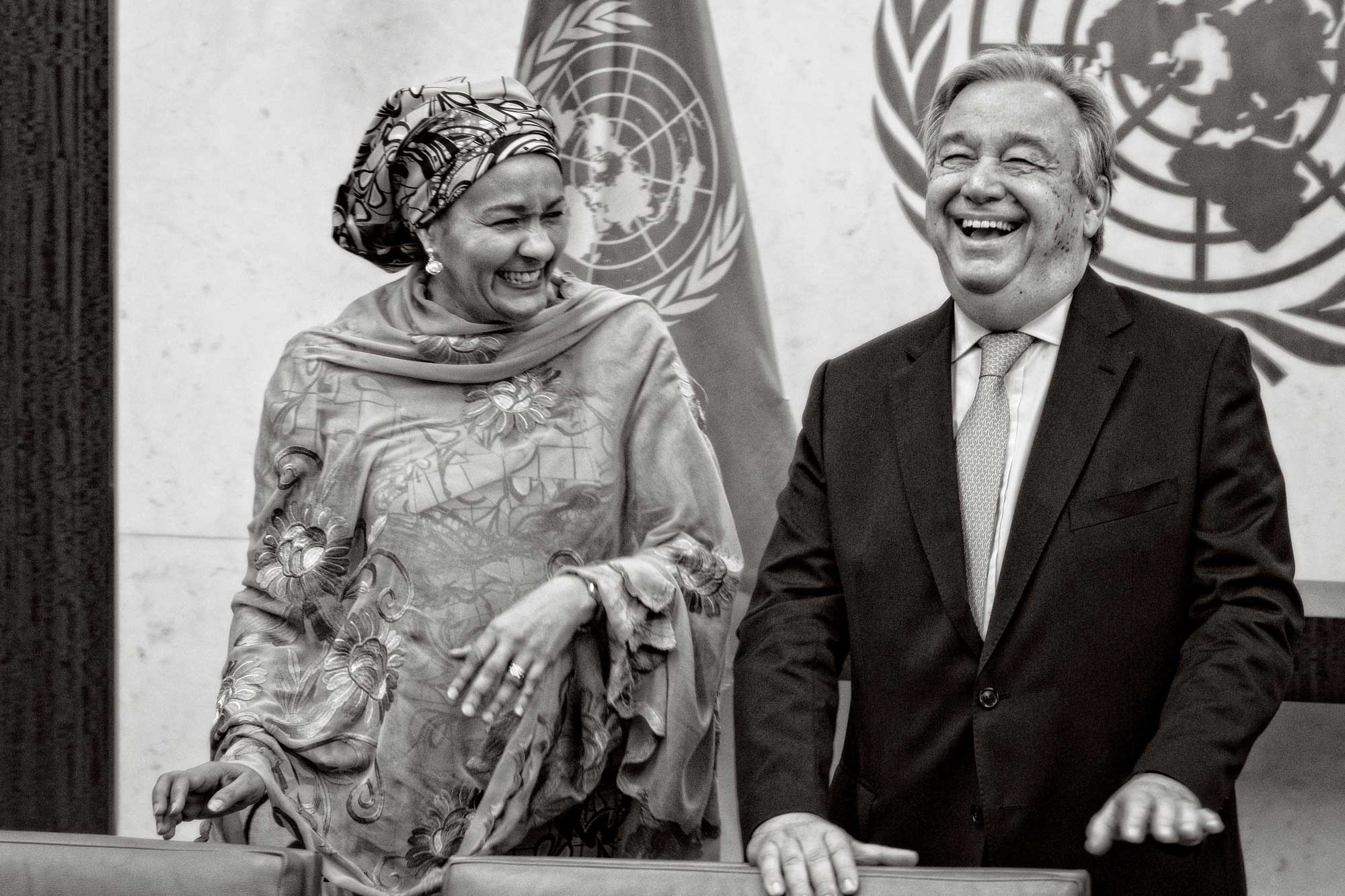 Amina looks at Guterres as they both share a moment of laughter