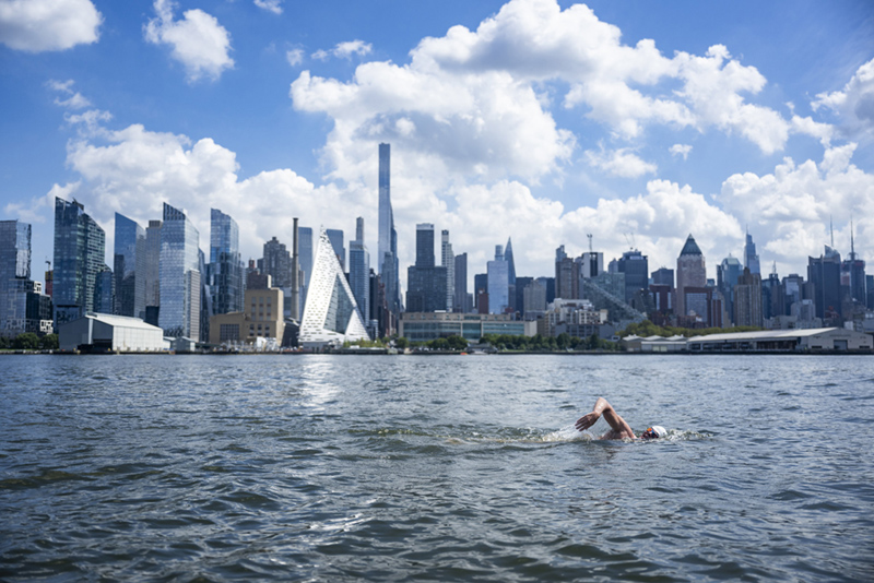 Lewis Pugh swimming by New York City
