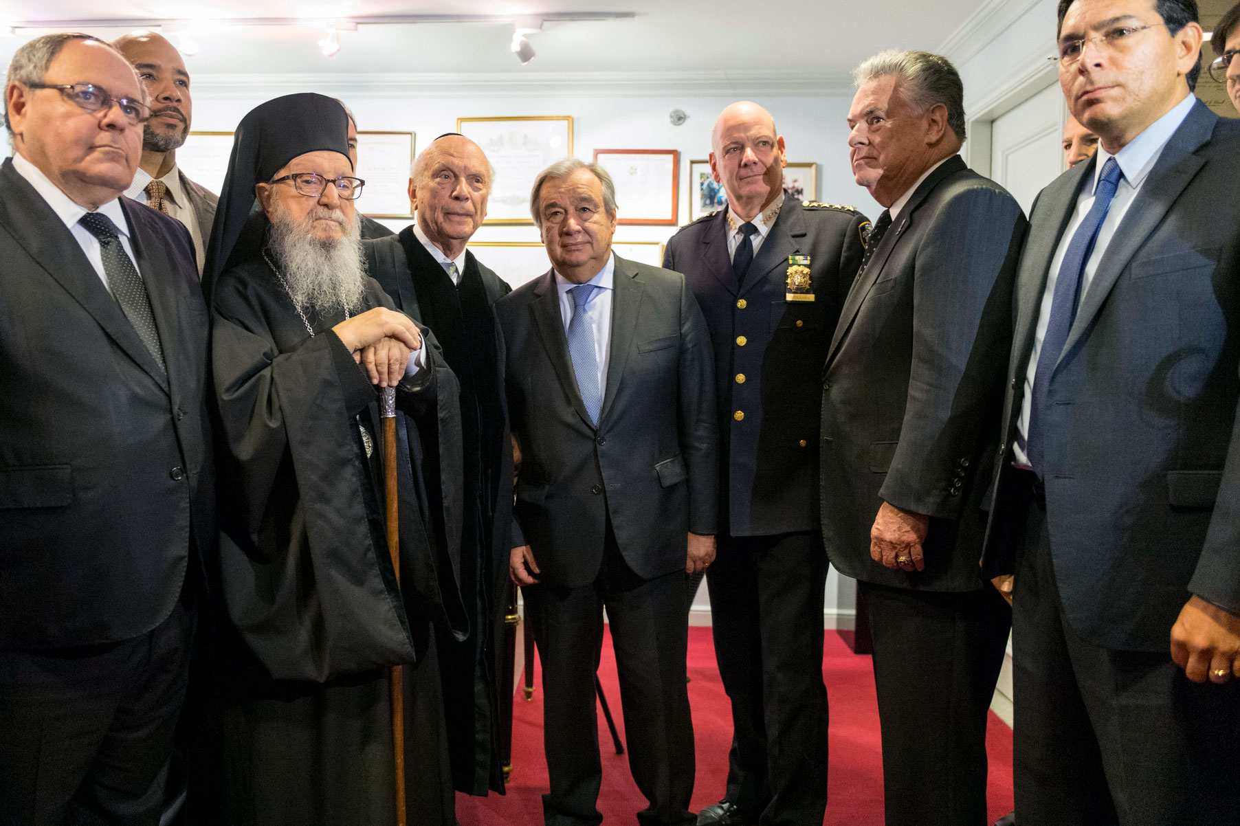 Group photo of Secretary-General António Guterres, Arthur Schneier, Archbishop Demetrios, Danny Danon, amongst others.