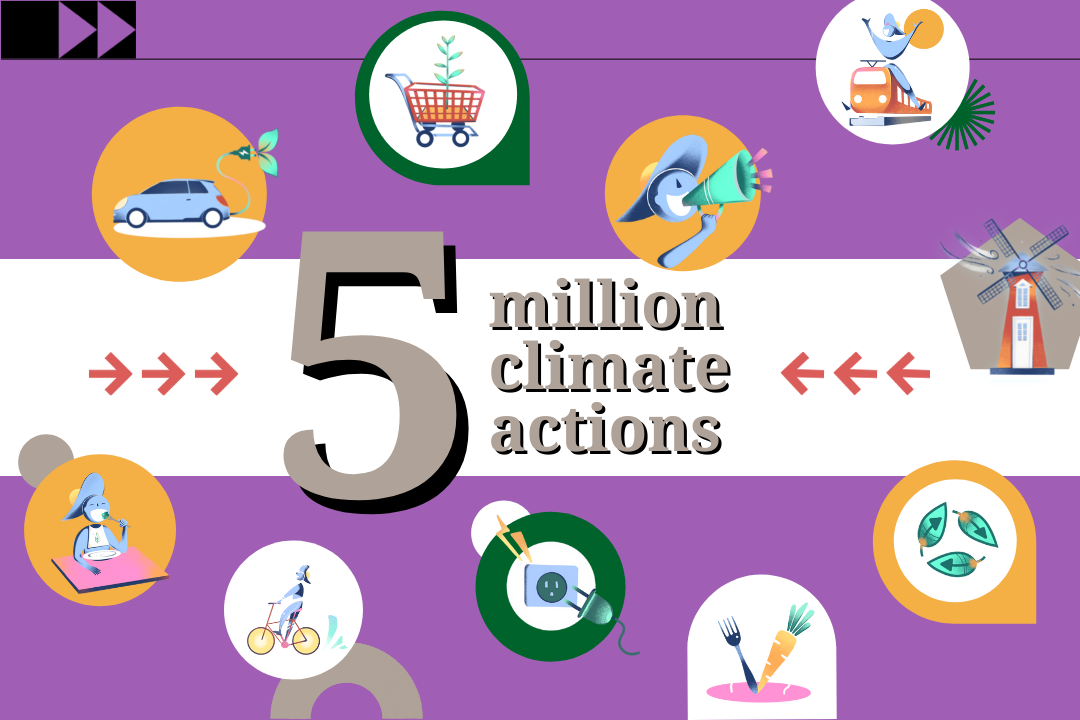 Illustration representing climate action that reads “5 million climate actions” 