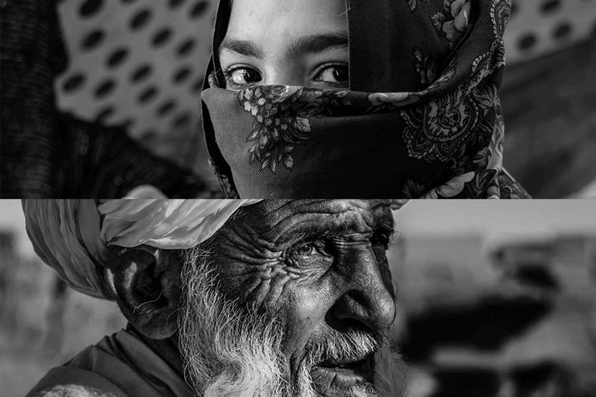 Collage of two portraits of a young woman and old man in black and white. 