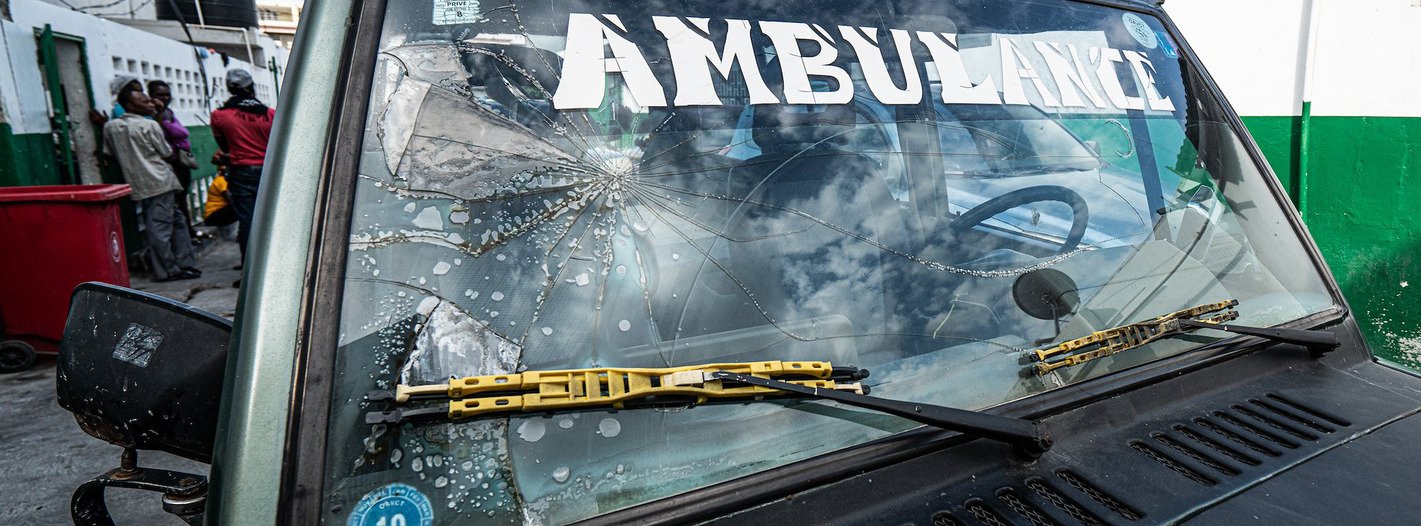 The cracked windscreen of an ambulance at the General Hospital in Port-au-Prince