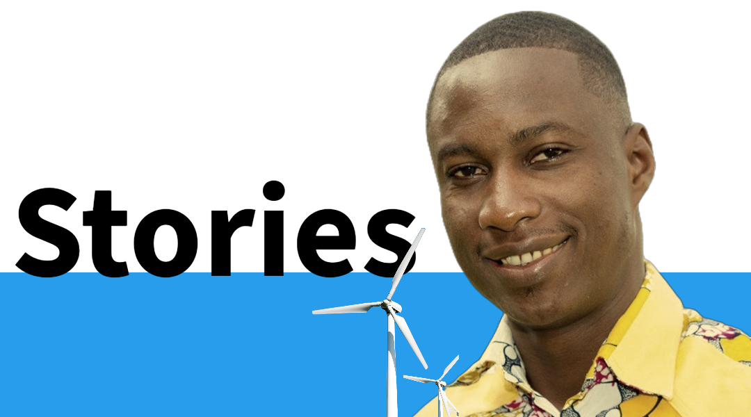 Banner composed by a portrait of a man, windmills and the word Stories, that is used as a link to a stories tab