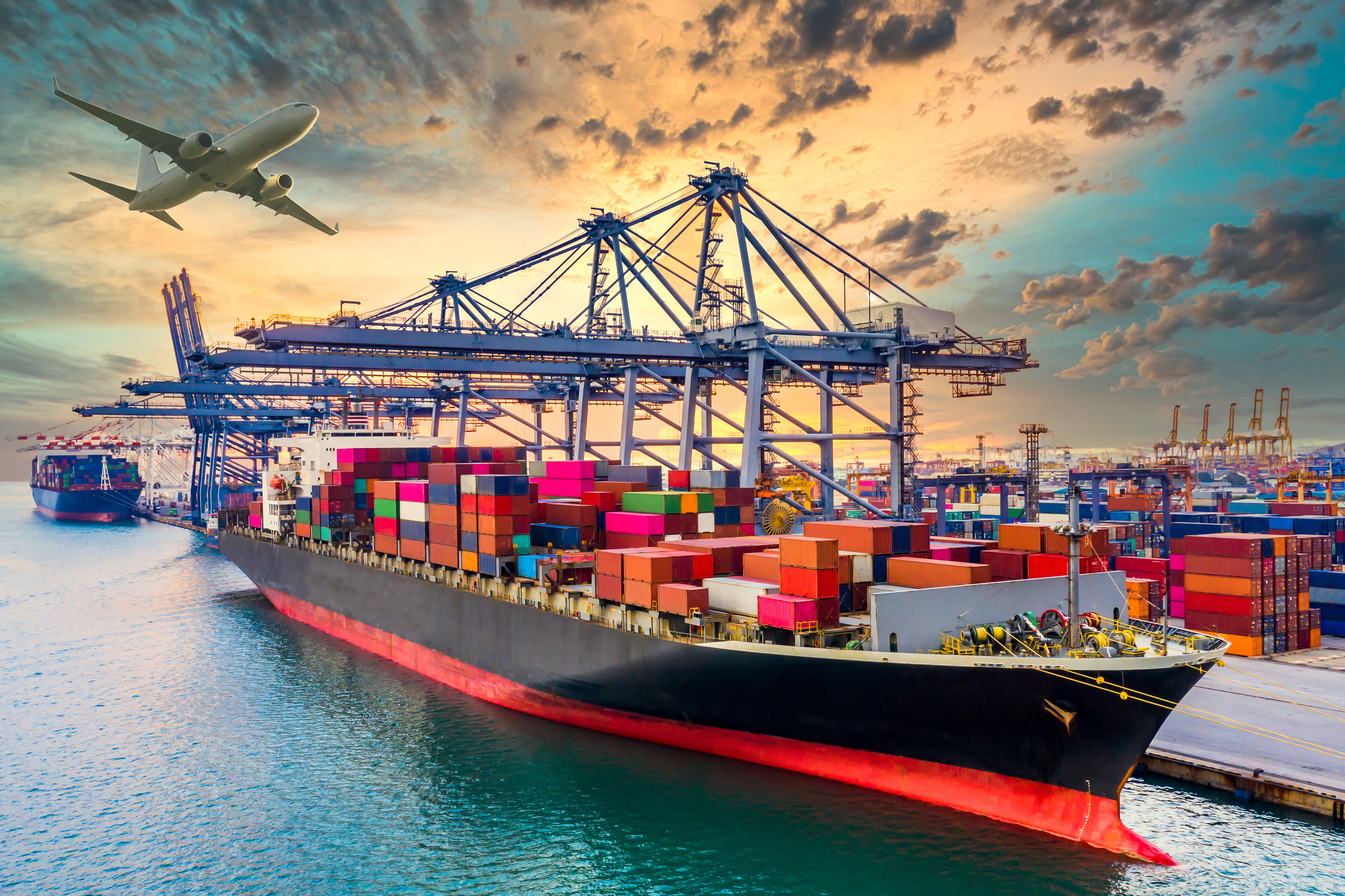 Container cargo ship, Global business import export commerce trade logistic and transportation worldwide container cargo ship boat, Freight shipping maritime vessel.