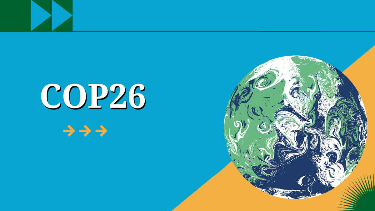 photocomposition: the earth at the right, and the words COP26 at the left