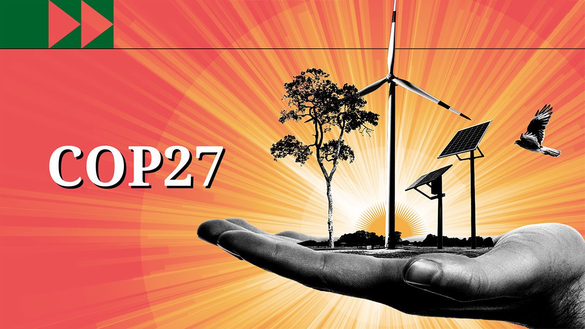photocomposition: an open hand with a three, two windmills and two solar panels, and a dove flying at the right, with the words COP27 at the left