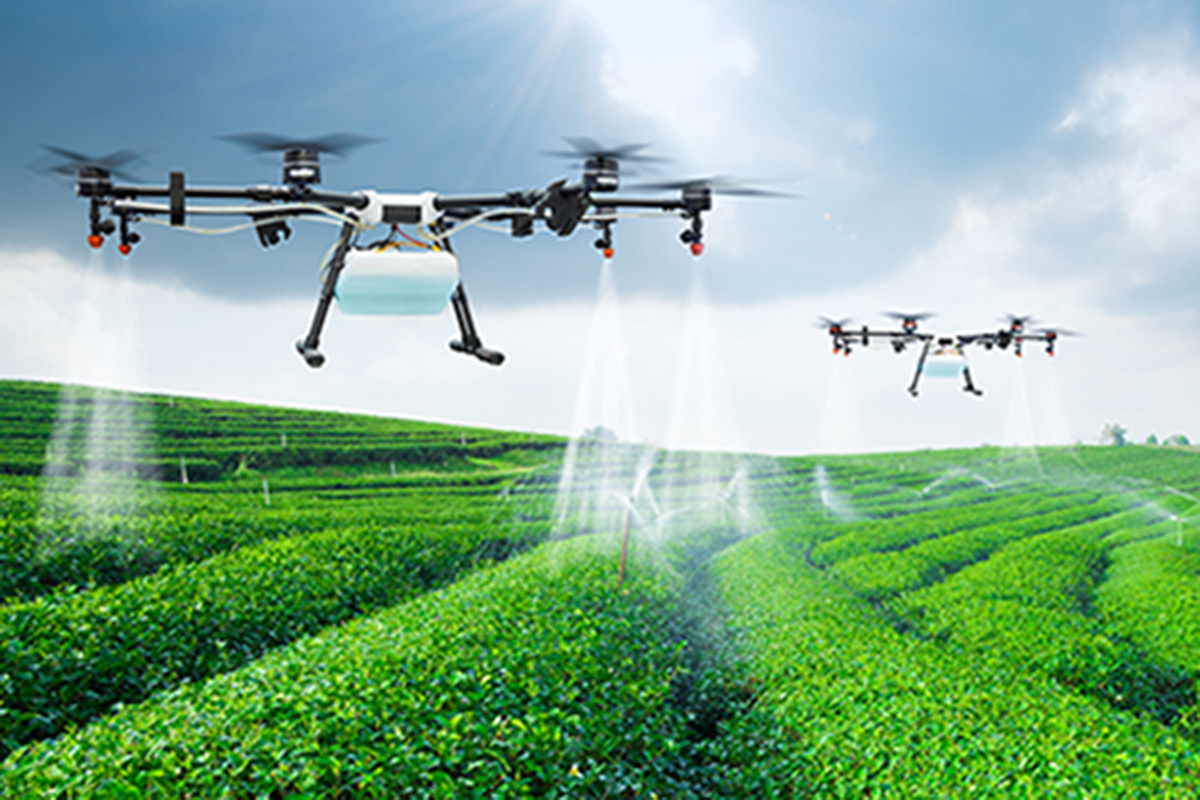 A rendering of drones watering crops