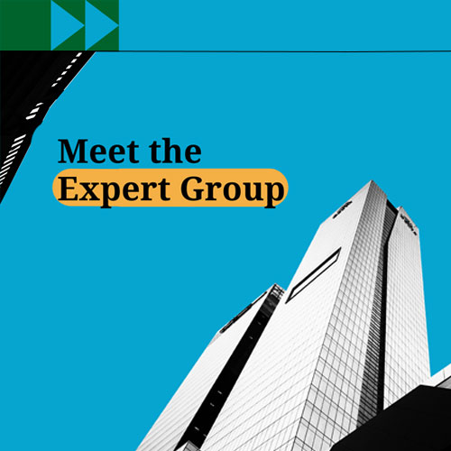 photocomposition: a black and white building seen from below, and text saying meet the expert group