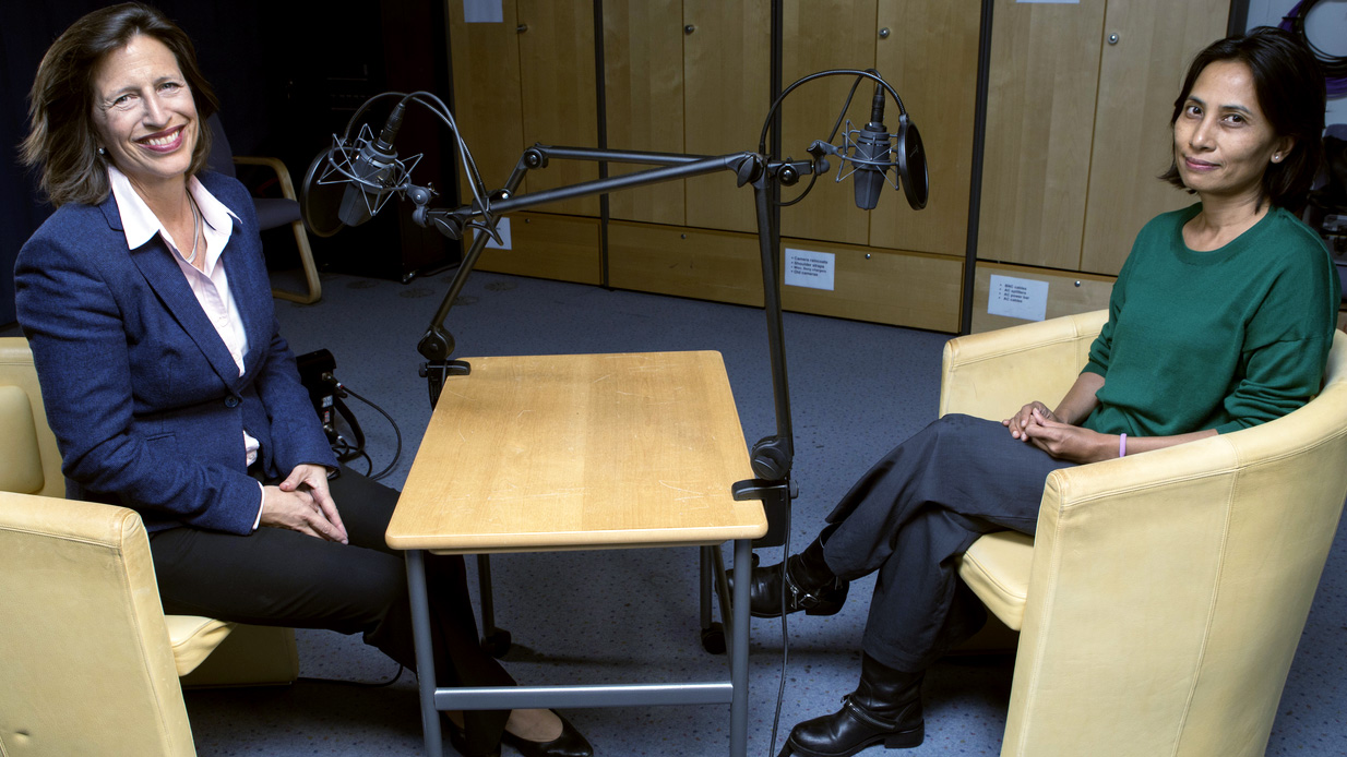 Melissa Fleming and Monique Sokhan are pictured in a recording studio