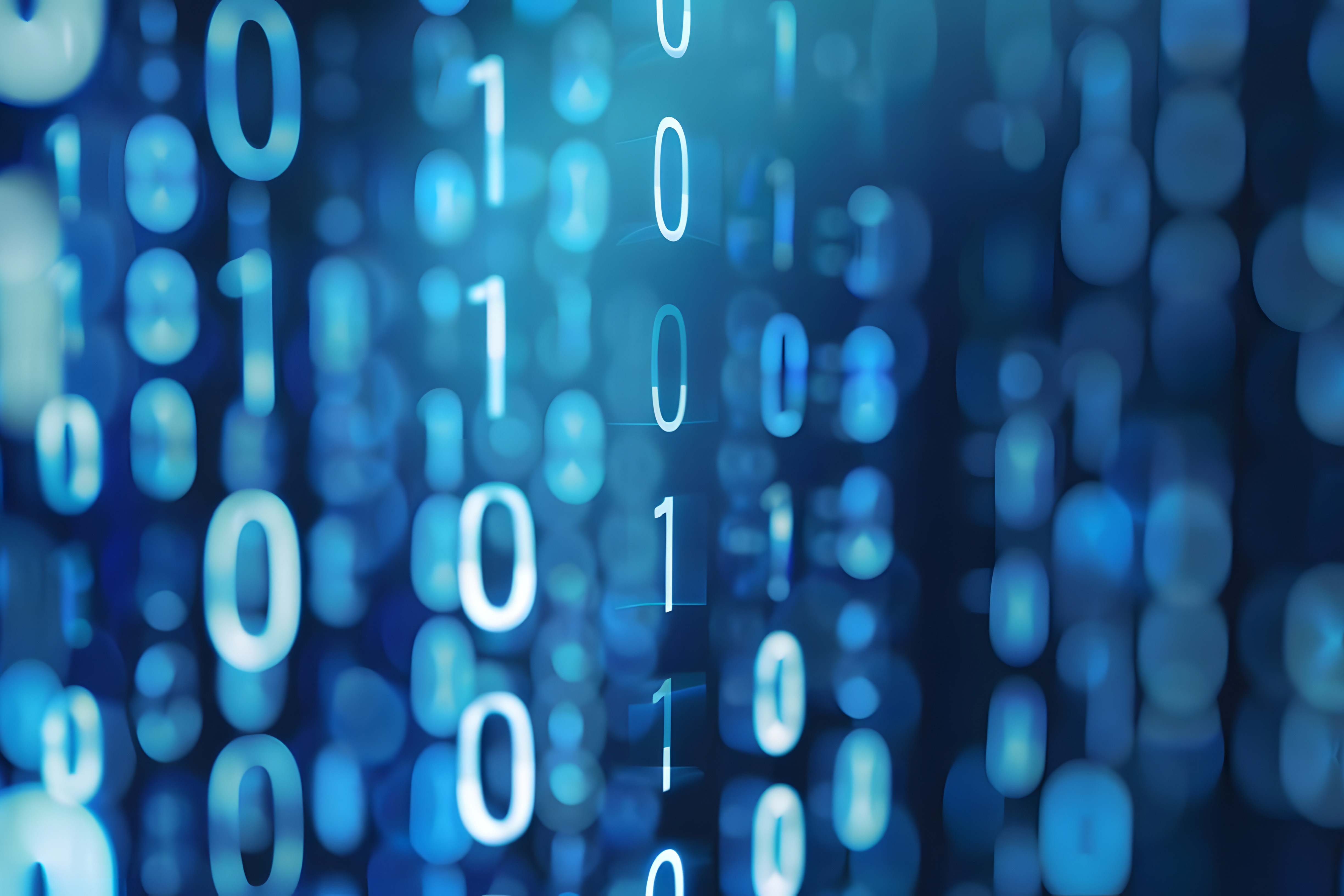digital codes flow, showing a pattern of ones and zeros in blue and white, symbolizing technological progress