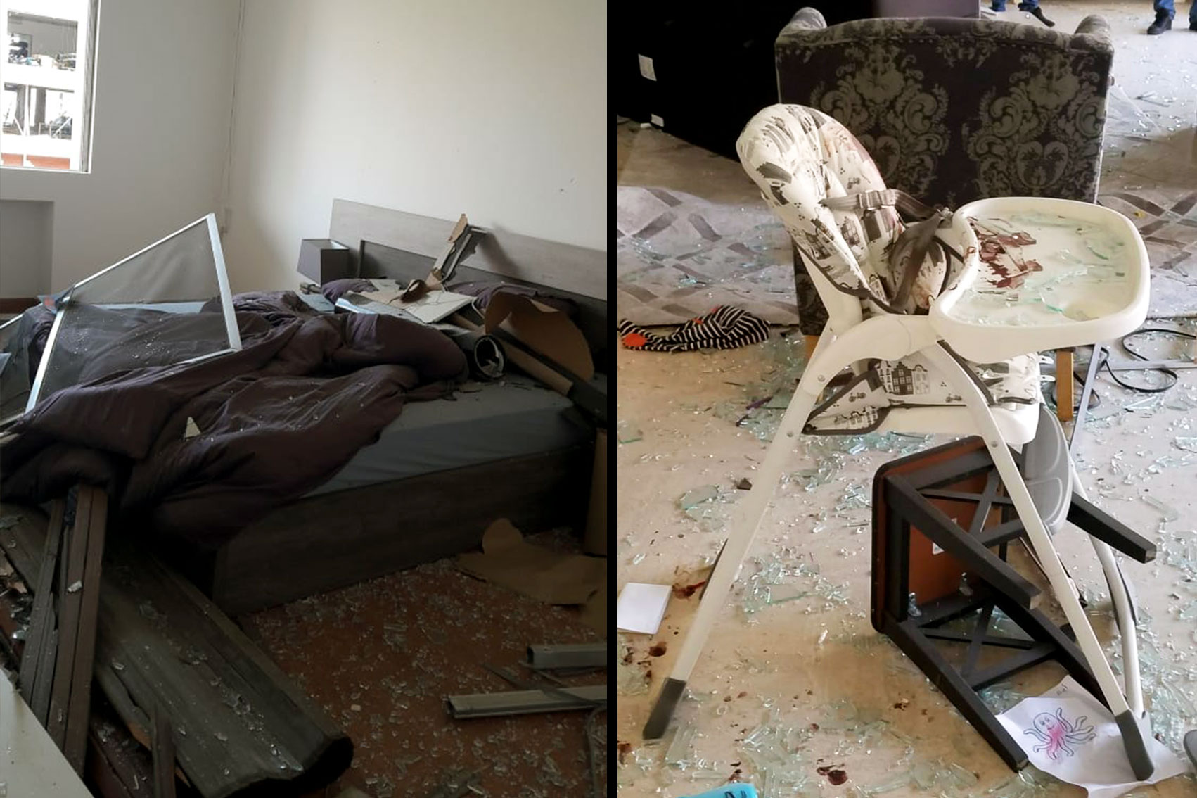 Shattered glass in a bedroom full of destruction. Verandah with heavy damage.
