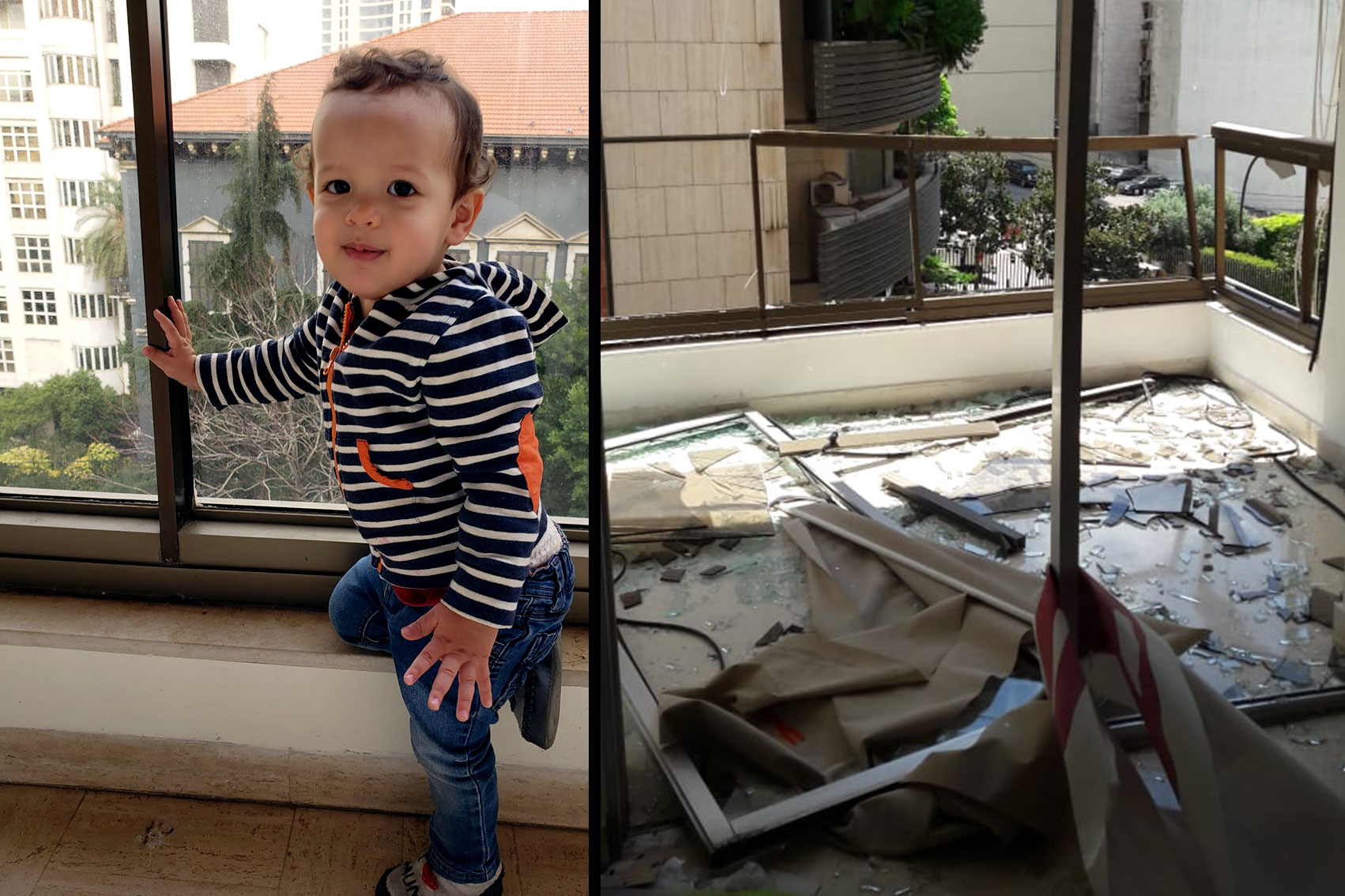On the left is a photo of Issac playful and happy. On the right is of a child's high chair amidst shattered rubble, stained with blood.