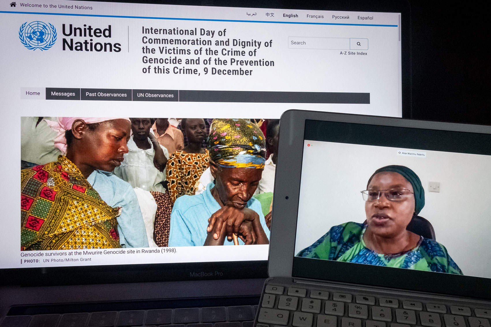 Alice Nderitu is seen live cast on a computer screen while another screen shows a UN webpage on the International Day of Commemoration and Dignity of the Victims of the Crime of Genocide and the Prevention of this Crime.