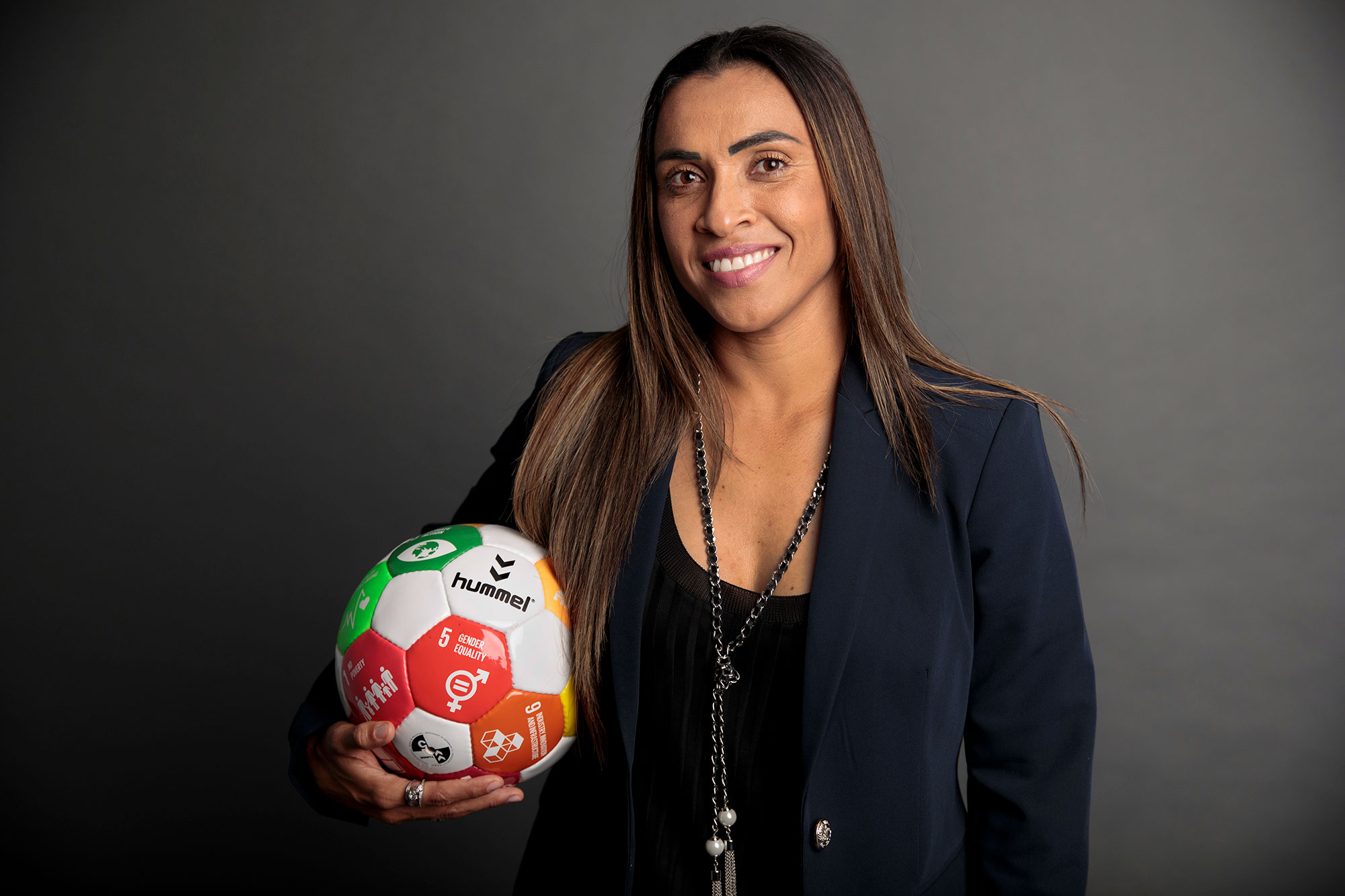 Portrait of Marta Vieira da Silva with SDG ball. Photo: UN-Women/Ryan Brown