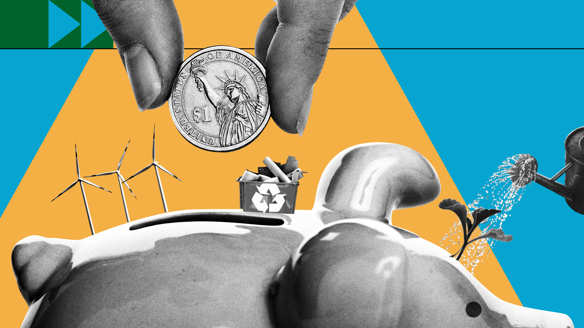 Illustration showing a hand putting a coin in a piggy bank, with small windmills behind it