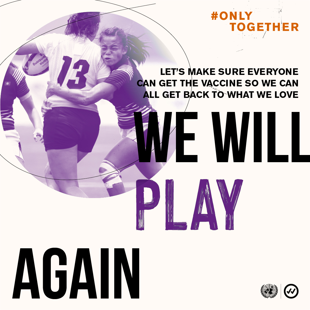 A photo of women playing rugby with text overlay