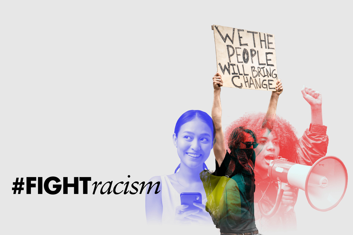 Collage of young people protesting with signs and bullhorns and the hashtag #FightRacism