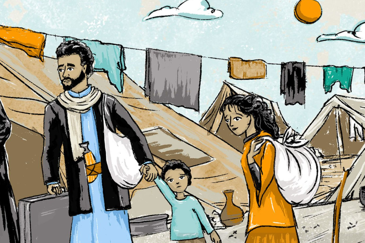 illustration of little boy and parents arriving at refugee camp