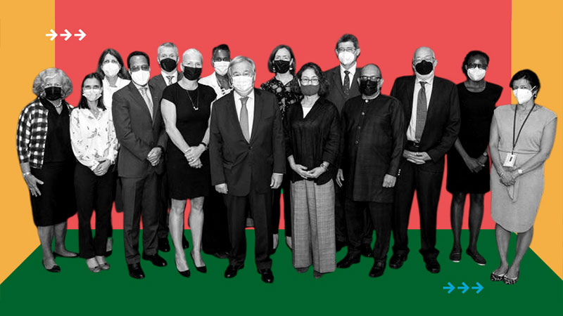 Photocomposition du groupe en noir et blanc du groupe d'experts entourant le Secrétaire général