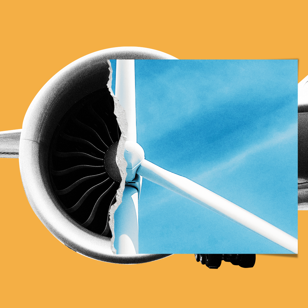 Ilustración de una turbina de avión que se convierte en un molino de viento