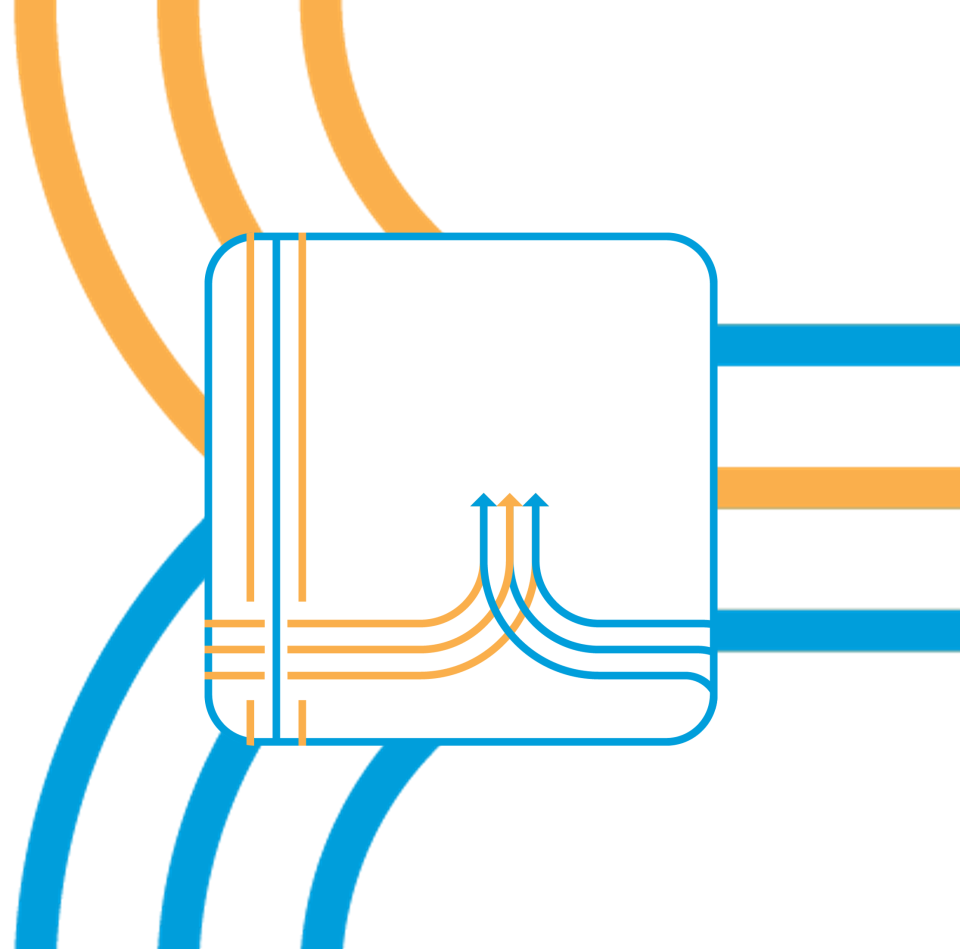 illustration of blue and orange arrows going in various directions around a white box