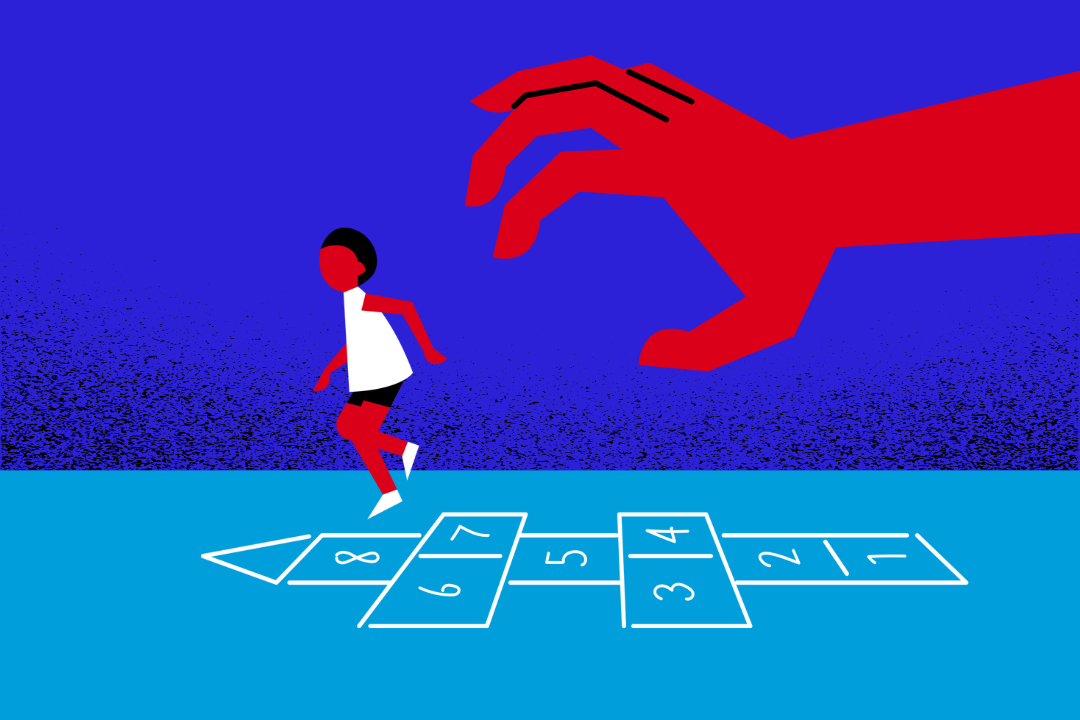 An illustration showing a child playing whilst a giant red snatching hand reaches in from the right of the frame, on a bright blue background