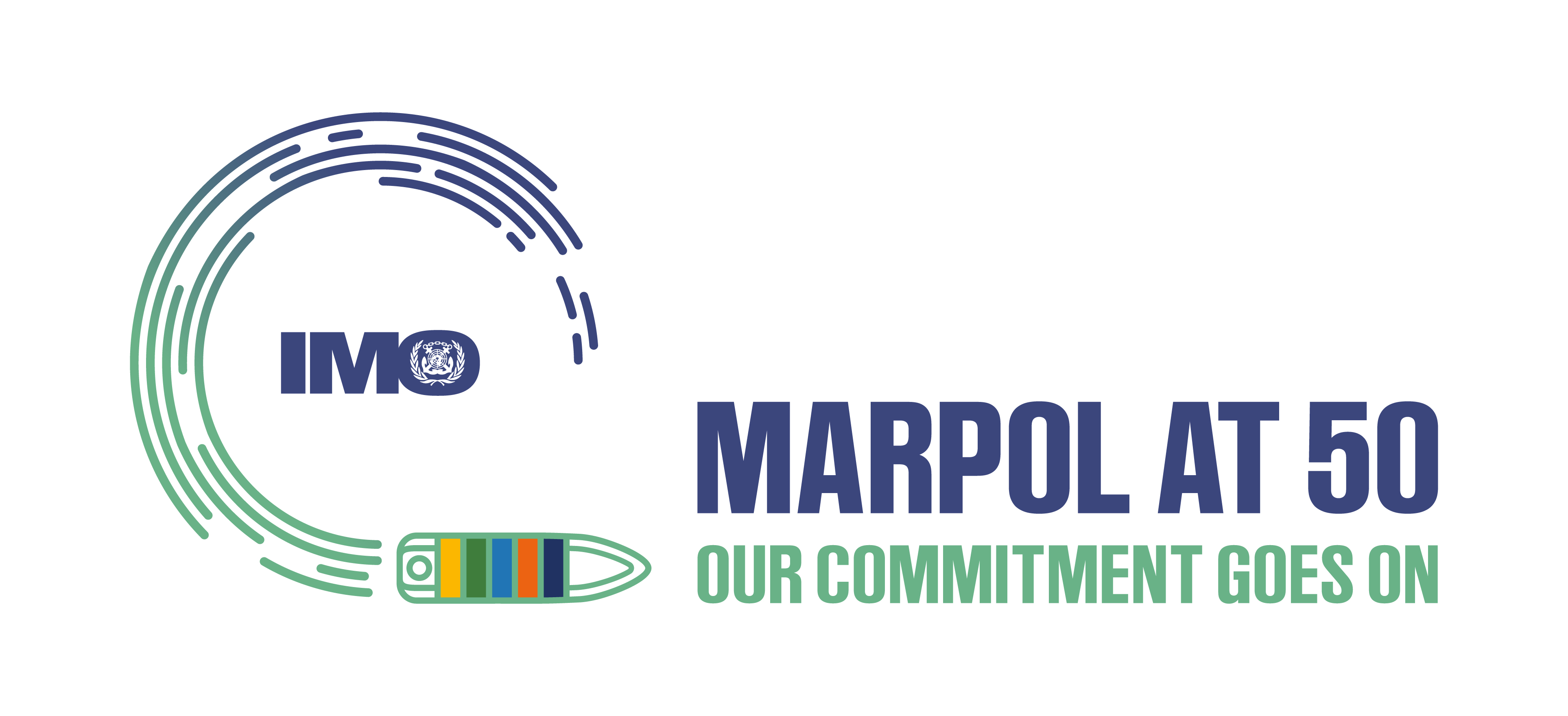 IMO logo which says MARPOL at 50 our commitment goes on
