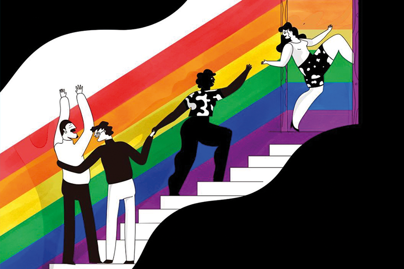 colorful illustration of people walking up steps in a dark room but a rainbow of colors lights their way