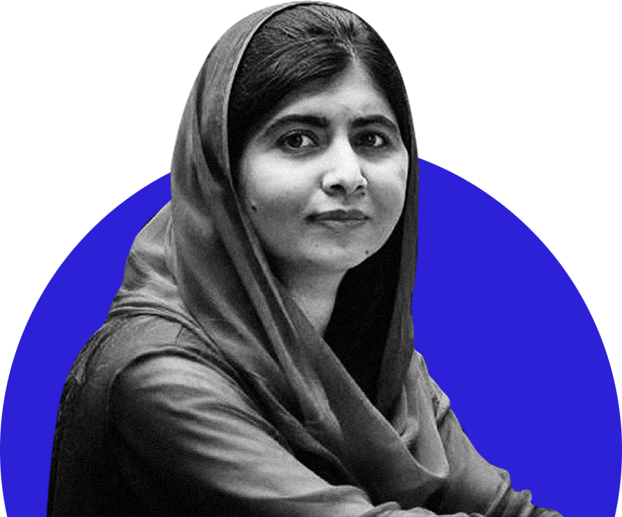 A black and white photograph of Malala Yousafzai with a blue semi-circle background
