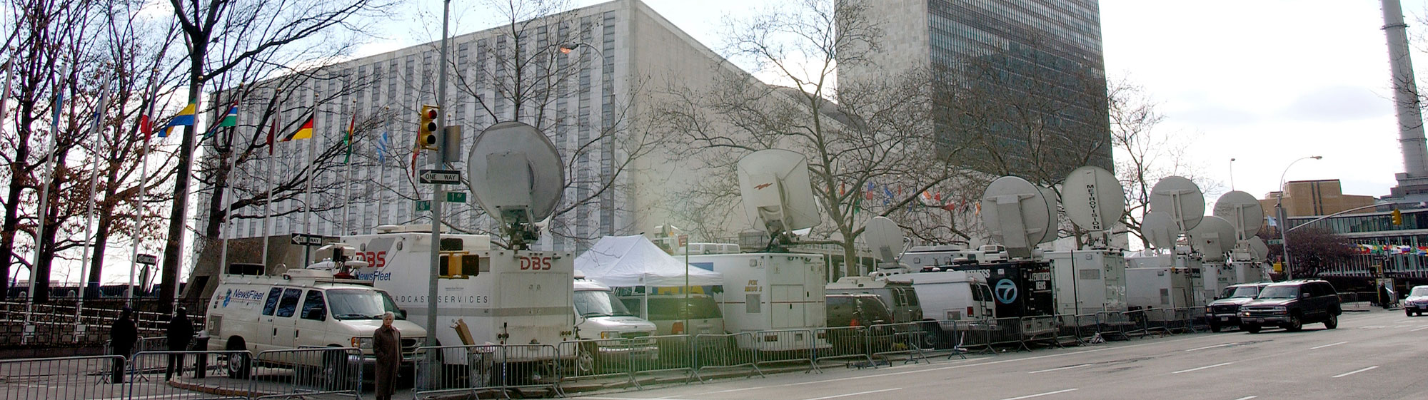 A view of the United Nations campus and media satellite dishes outside Headquarters.