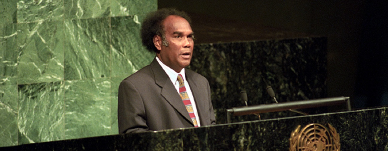 Bartholomew Ulufa'alu, Prime Minister of the Solomon Islands, addresses the United Nations General Assembly.