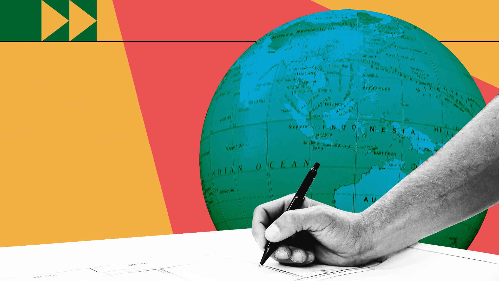 photocomposition : le globe terrestre à l'arrière-plan, une main tenant un stylo signant un document au recto