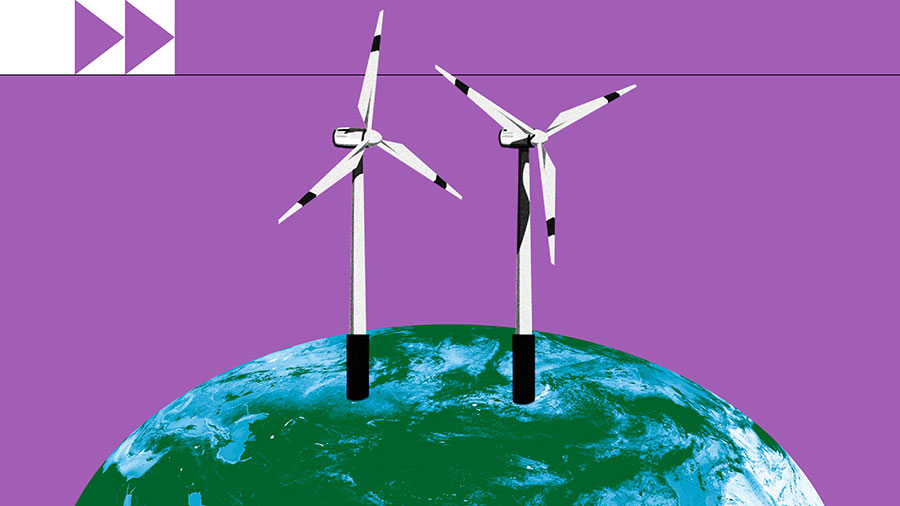 Photocomposition : illustration de la terre avec deux éoliennes