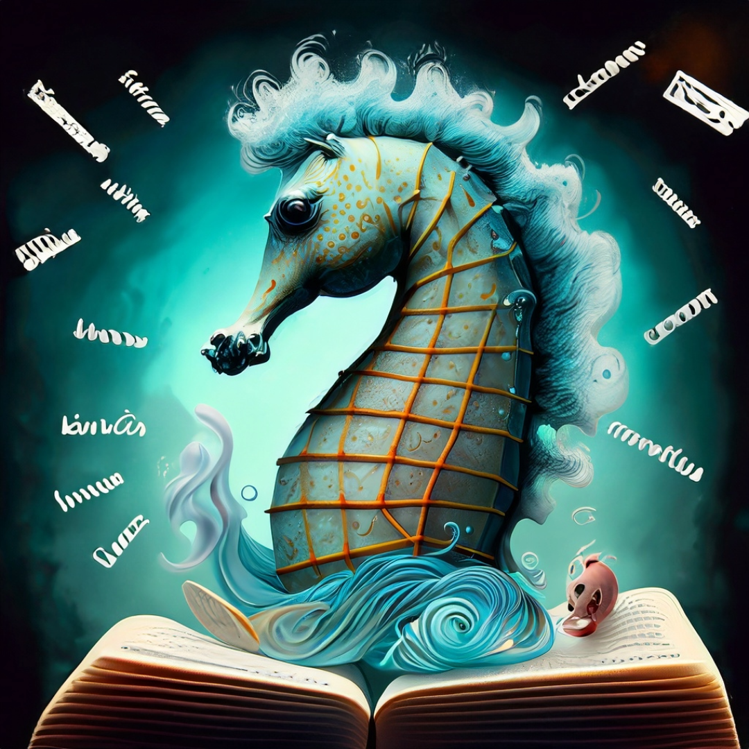 a seahorse emerges from a book with scribbles written around it