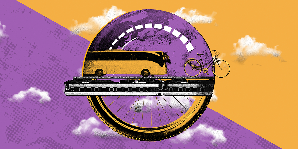 Fotocomposición: un collage de medios de transporte: un autobús y una bicicleta encima de un tren.