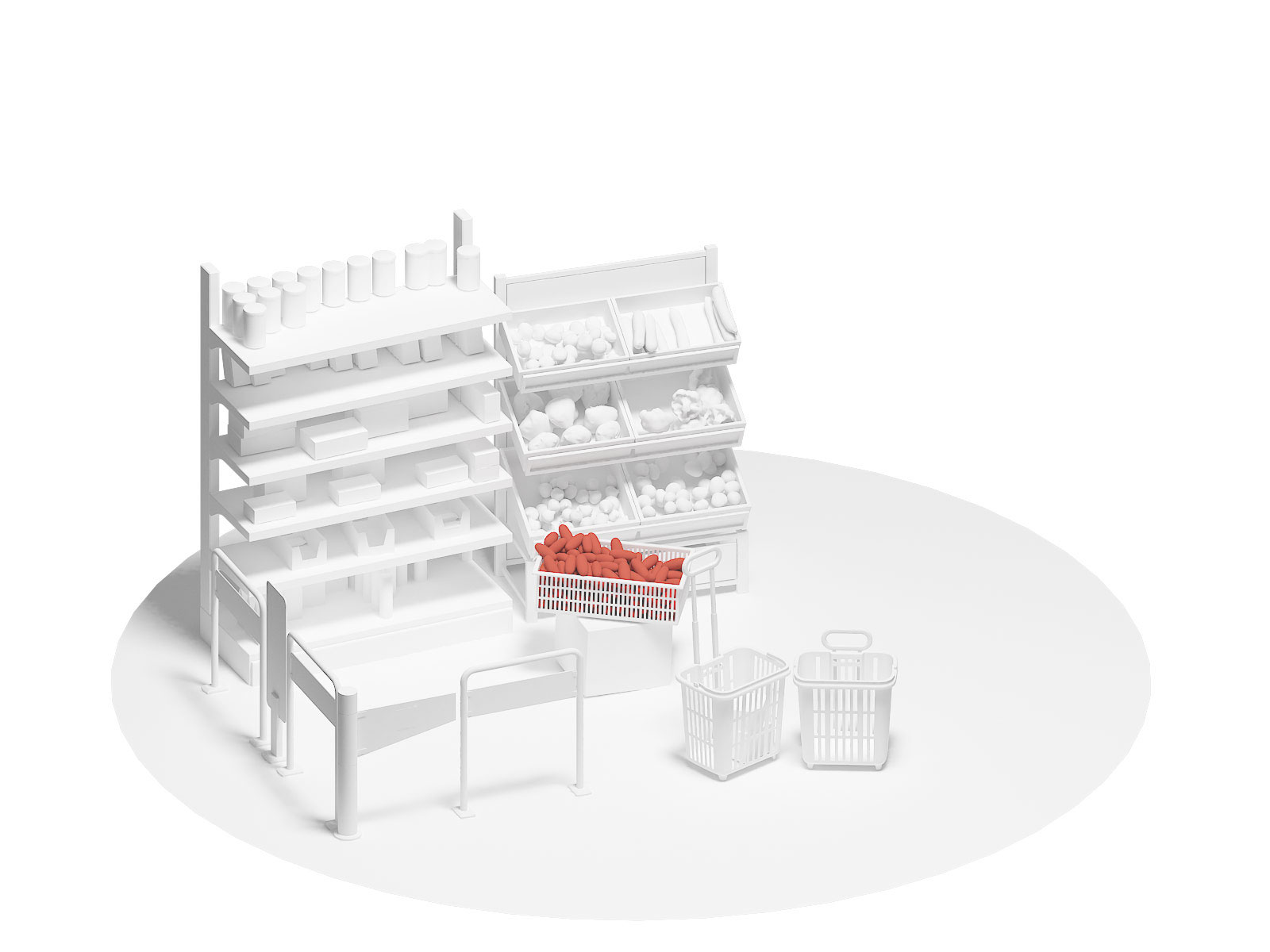 Étalages de magasin achalandés de fruits et légumes.