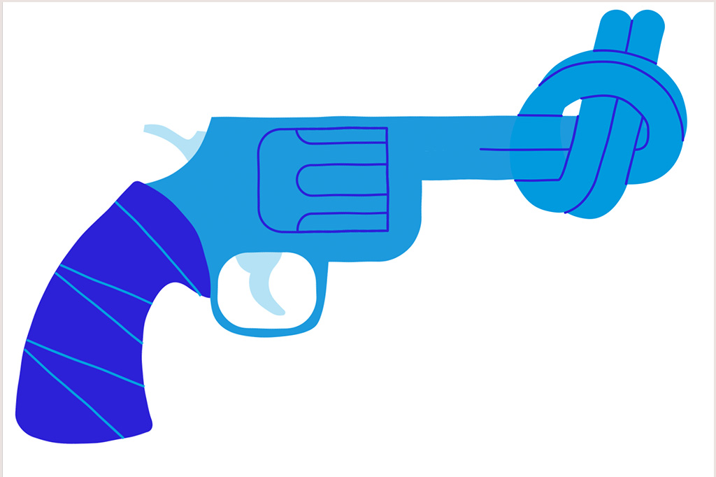 An illustration a handgun with a knotted barrell'