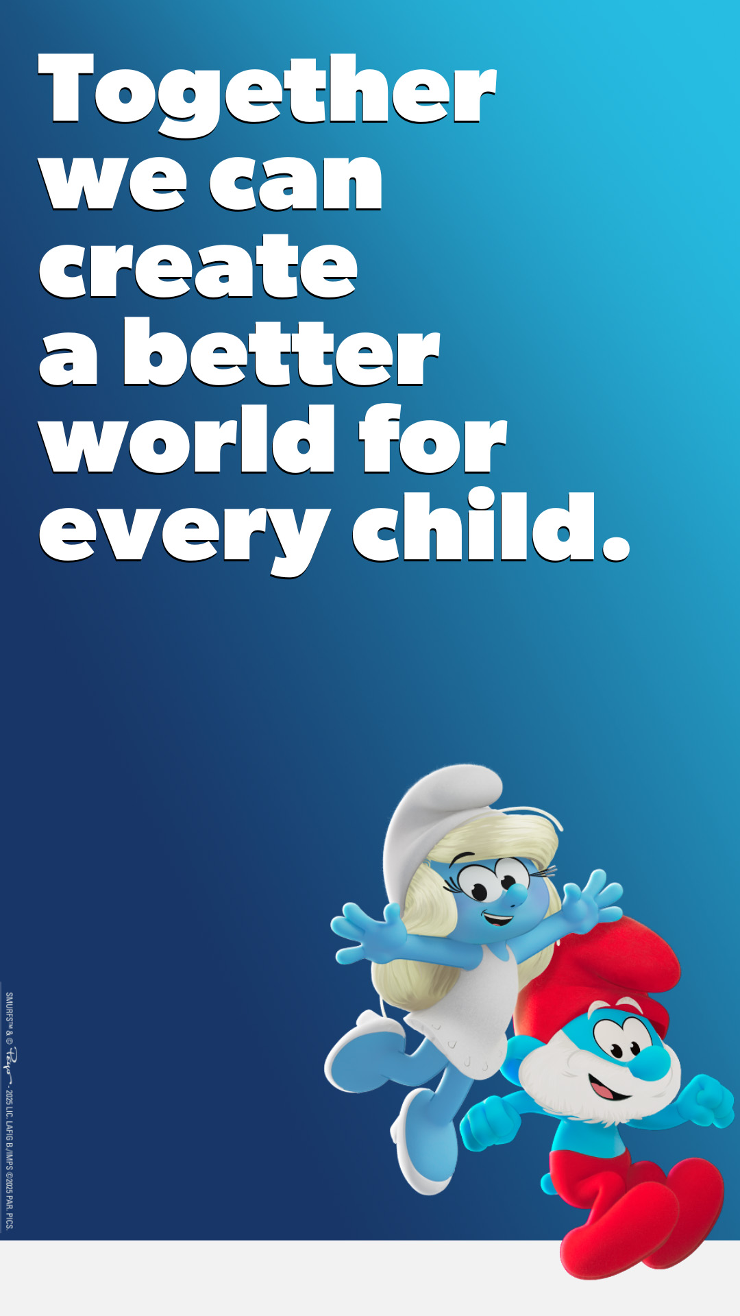 Illustration of two leaping, smiling smurfs against a blue background