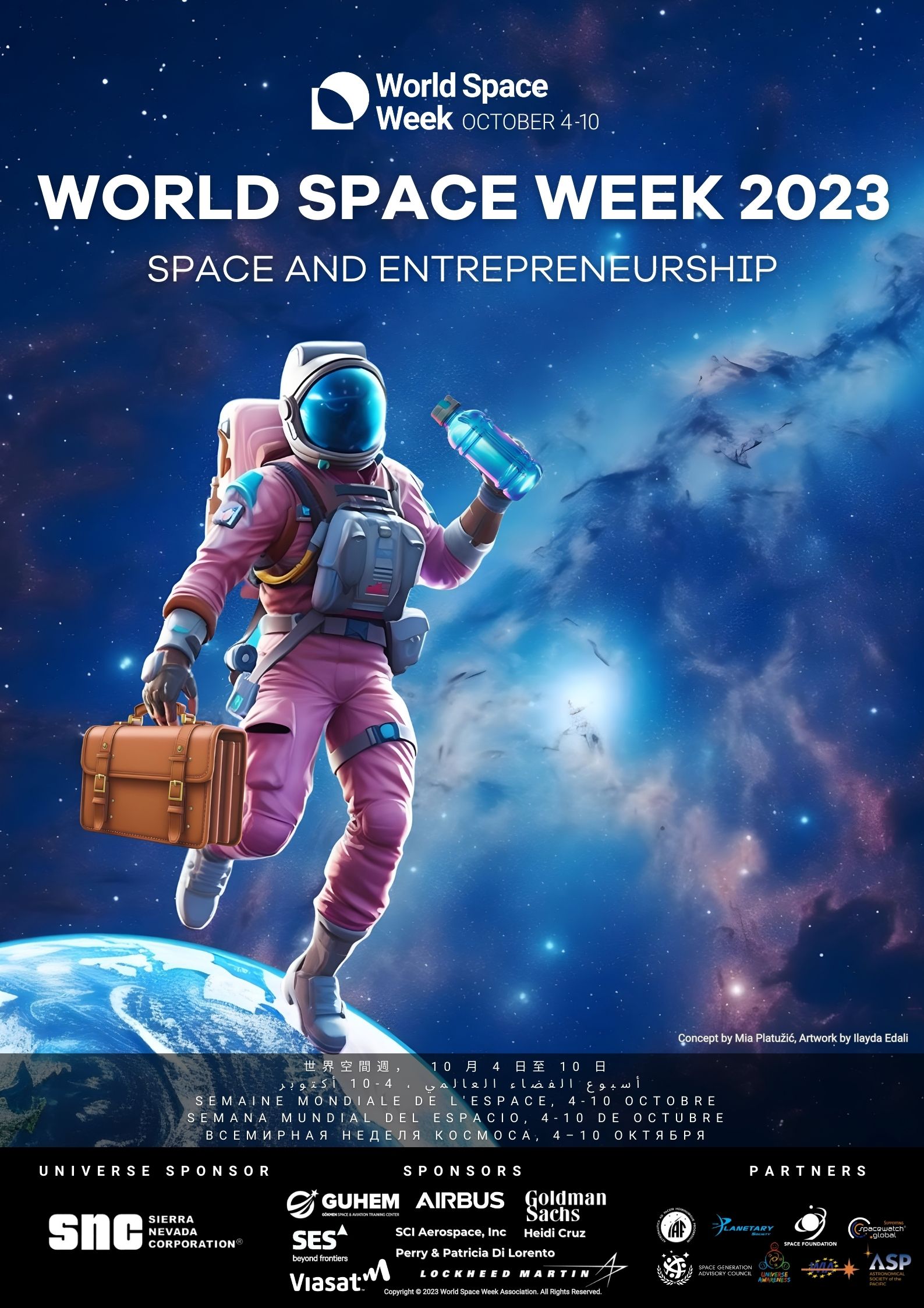 Astronauta en el espacio con una maleta y una botella de agua