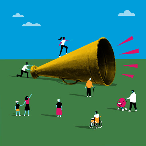 illustration figurant des personnes en miniature autour d'un grand mégaphone