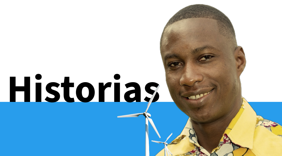 Banner con el retrato de un joven y un molino eólico que enlaza a la sección de historias personales