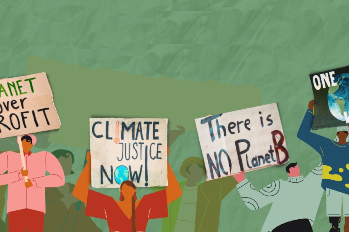 A drawing of young people holding signs written there is no planet b