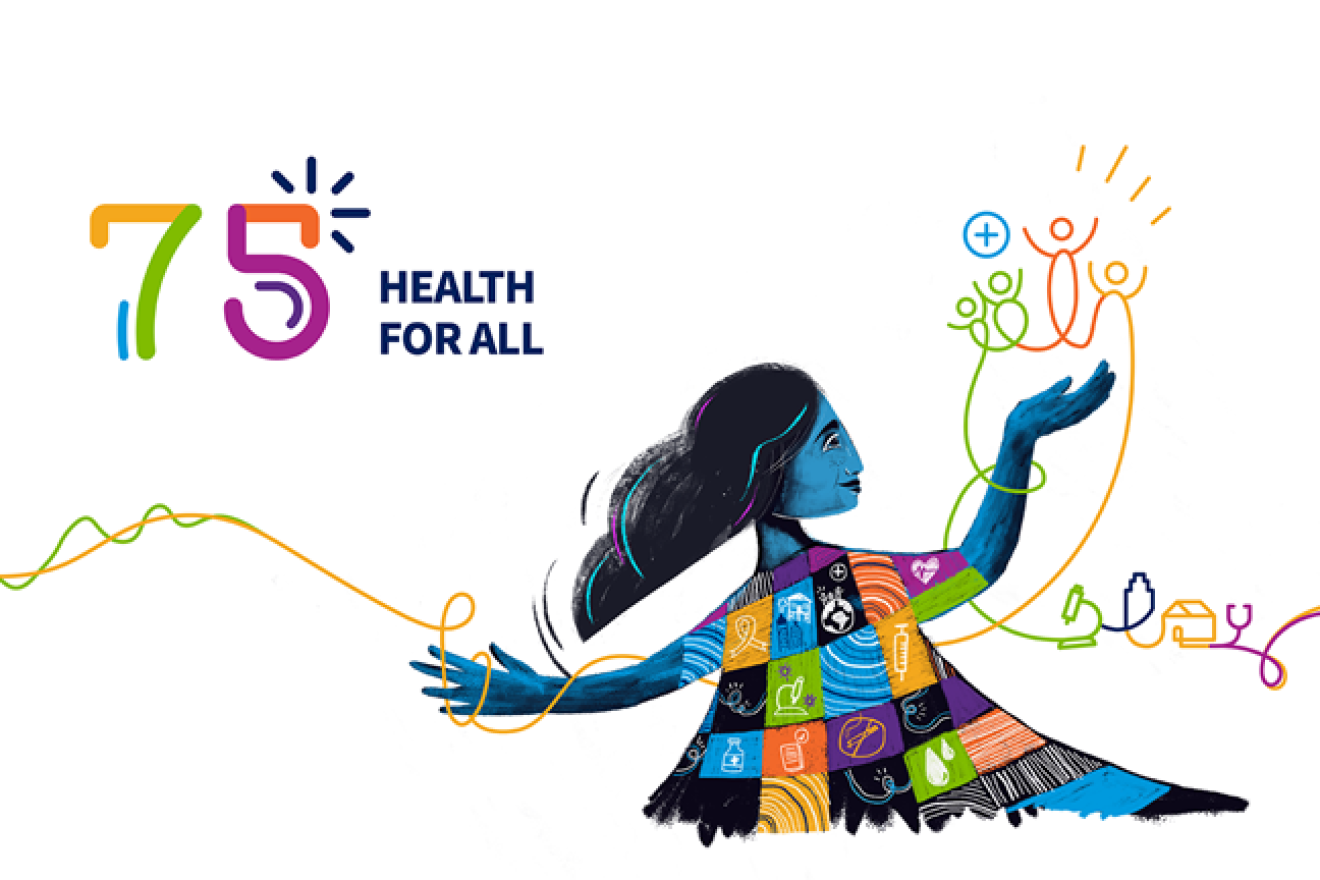 An illustration of a girl in a dress made of icons indicating health, science, schools, water. In the left it is written health for all.