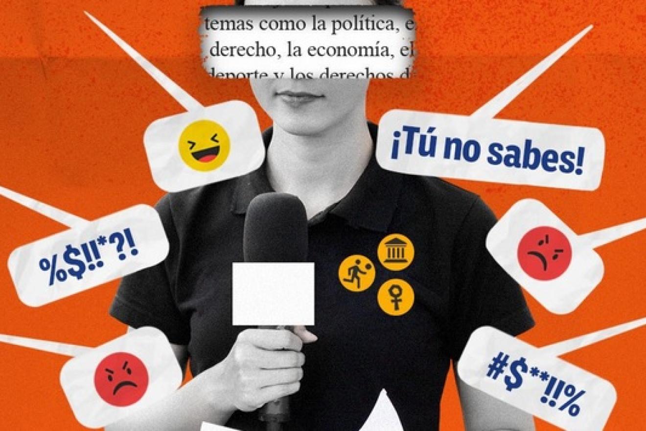 Composición gráfica de una mujer periodista rodeada de mensajes menospreciando su trabajo. 