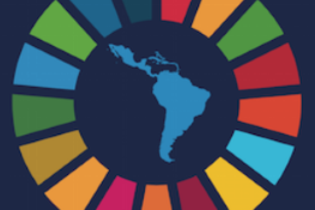 Pequeño mapa de América Latina y el Caribe dentro de un círculo de colores representando los ODS.