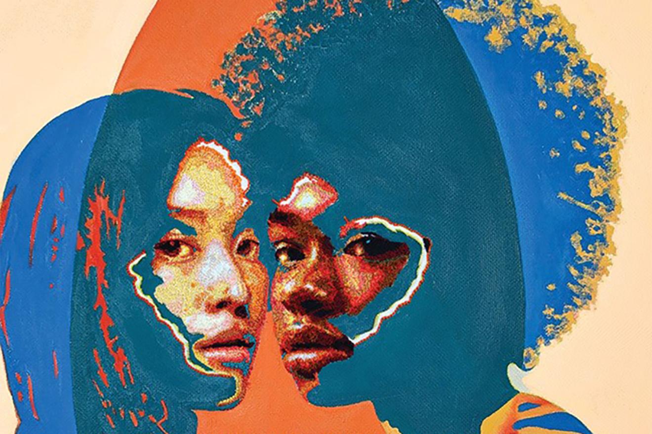 Image of two women's faces reproduced with combined techniques on an orange and blue background.