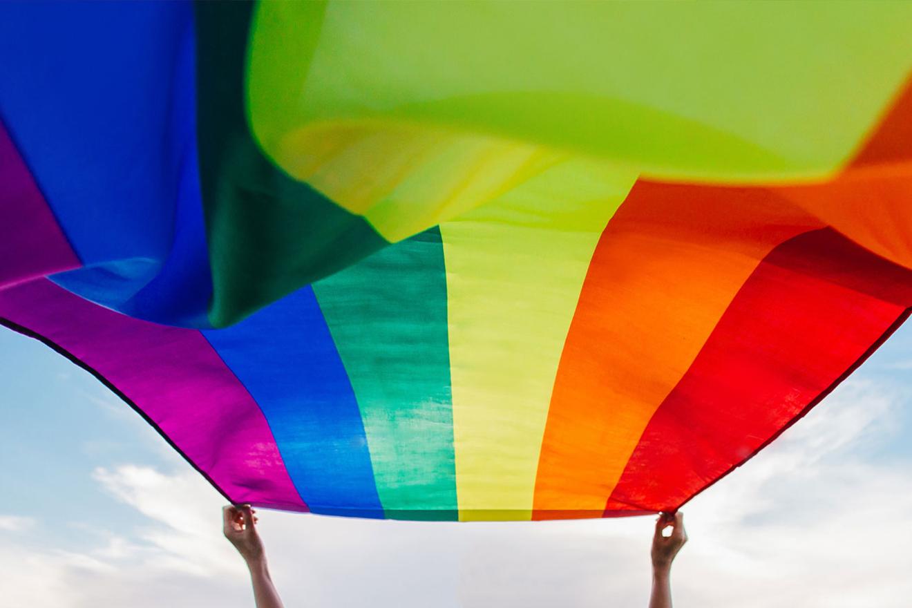 A person waving an LGBTIQ+ flag.