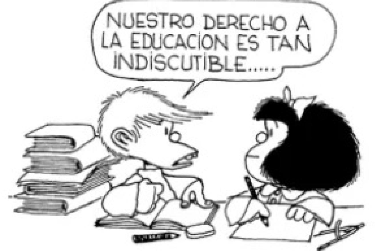 .Un compañero de clase le dice a Mafalda: “Nuestro derecho a la educación es tan indiscutible …”