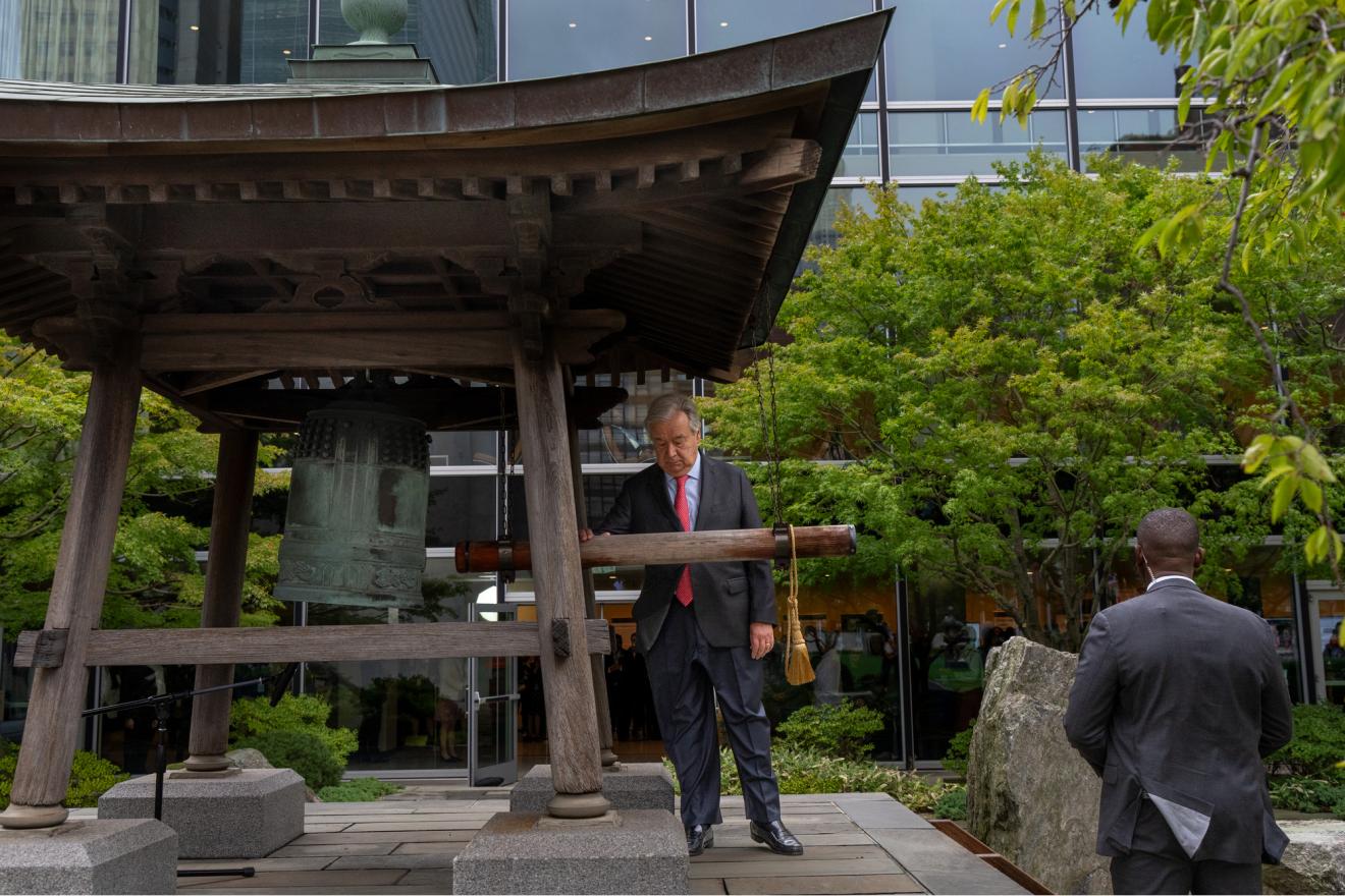 The UN Secretary-General rings a bell at the organization’s headquarters in New York.