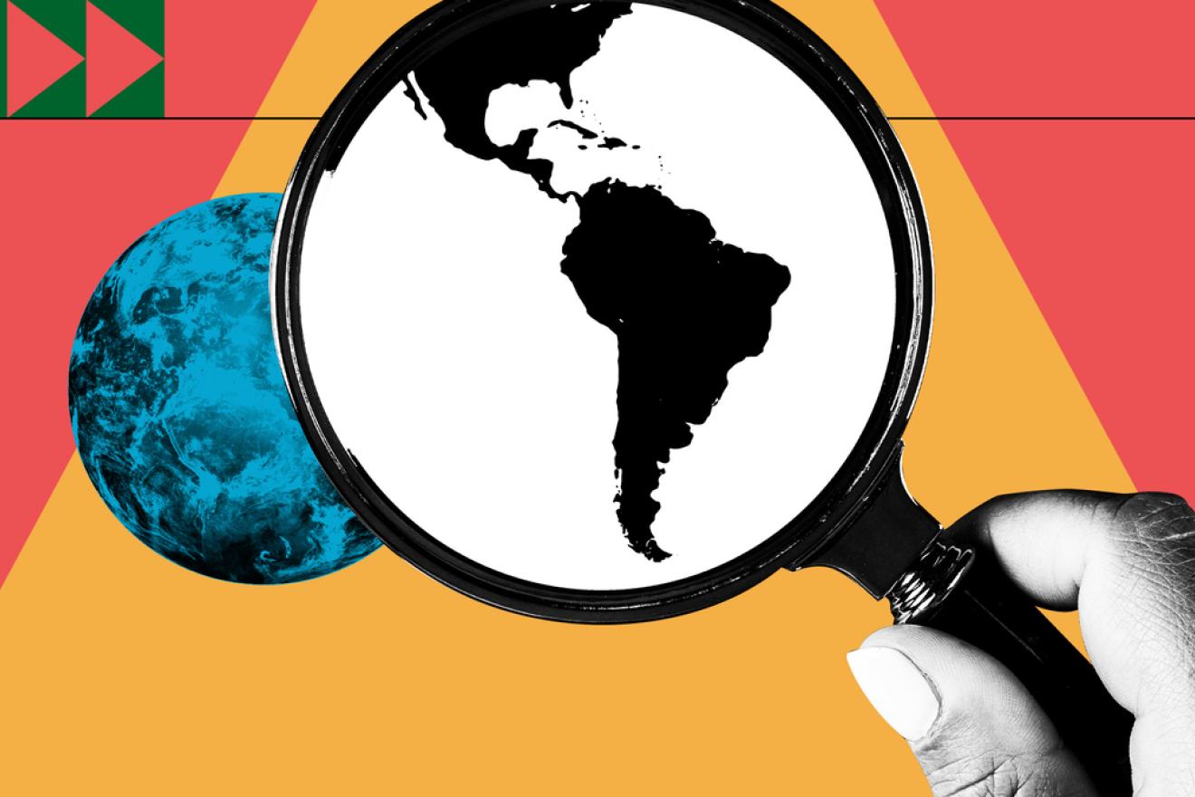 Illustratiaon of a magnifing glass enlarging south america on a globe